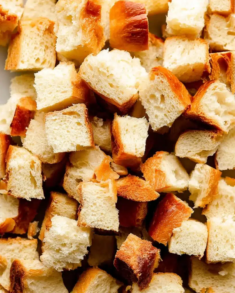 Cubed brioche bread for baked cream cheese French toast casserole