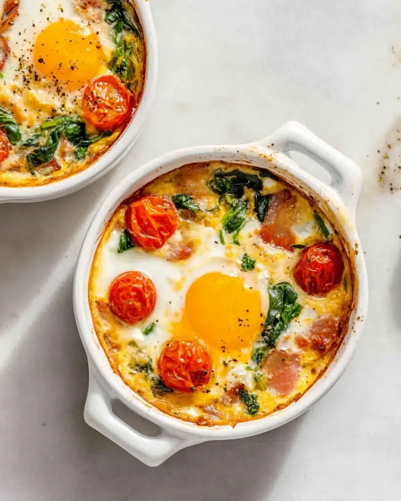 Baked Feta Eggs (Easy One-Pan Breakfast Recipe) 4 Freshly baked feta eggs with tomatoes, spinach, and soft yolks in white ramekins