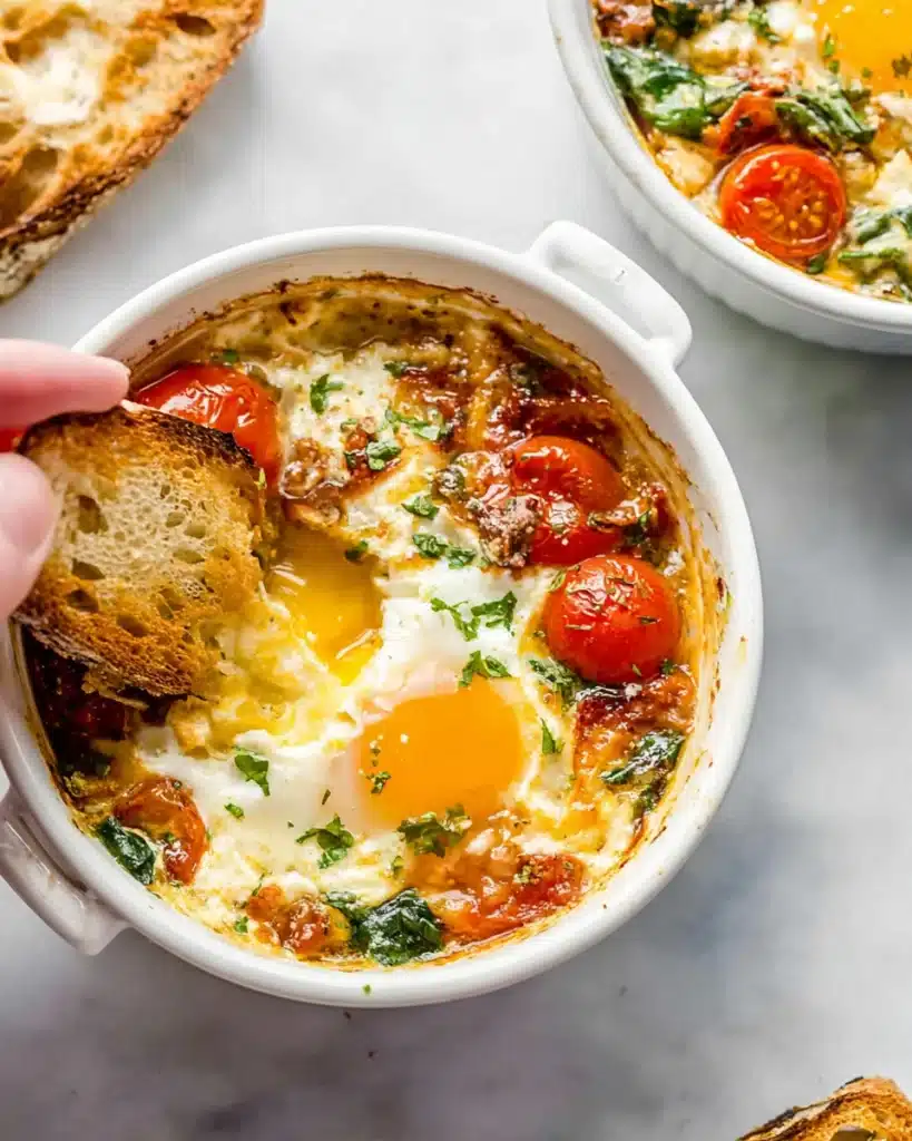 Baked Feta Eggs (Easy One-Pan Breakfast Recipe) 5 Hand dipping bread into creamy baked feta eggs with tomatoes and spinach
