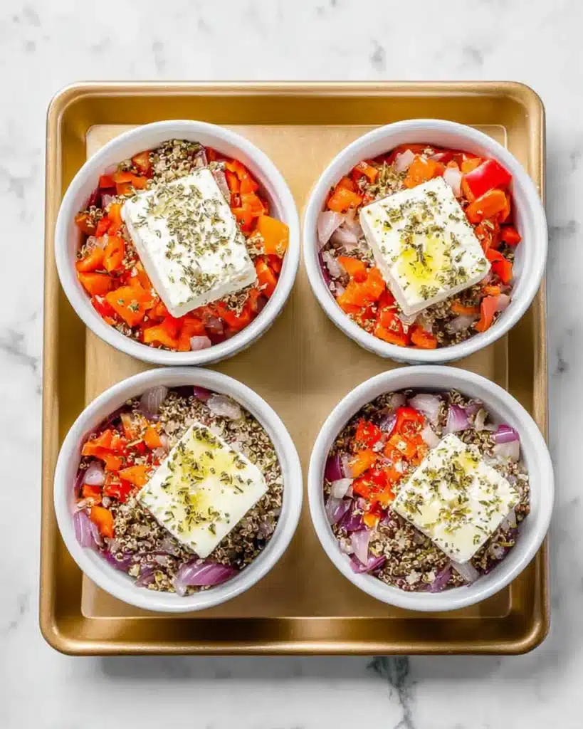 Baked Feta Eggs (Easy One-Pan Breakfast Recipe) 3 Ramekins with feta, onions, and peppers ready to bake for baked feta eggs