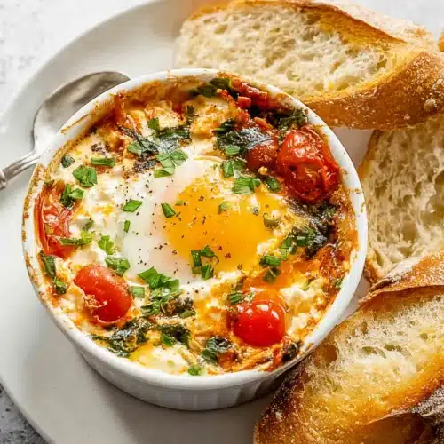 Baked Feta Eggs (Easy One-Pan Breakfast Recipe) 6 Baked feta eggs with cherry tomatoes and herbs served with crusty bread