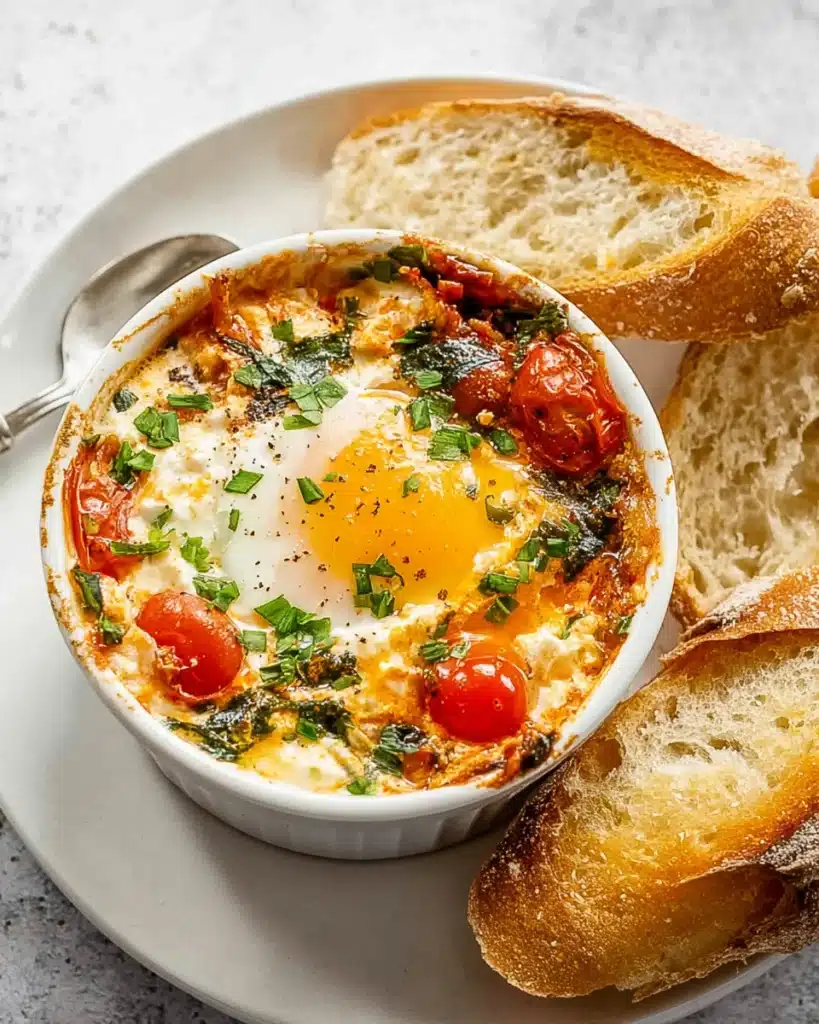 Baked Feta Eggs (Easy One-Pan Breakfast Recipe) 1 Baked feta eggs with cherry tomatoes and herbs served with crusty bread