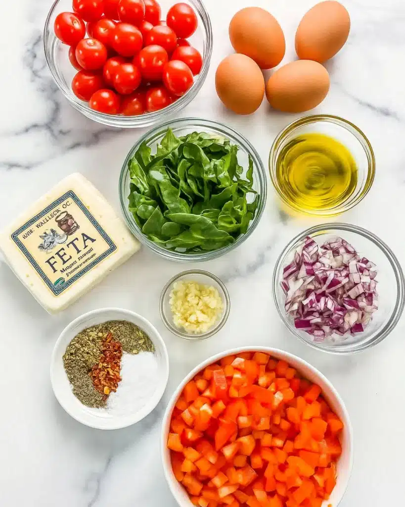 Baked Feta Eggs (Easy One-Pan Breakfast Recipe) 2 Fresh ingredients for baked feta eggs including tomatoes, feta, eggs, and spinach
