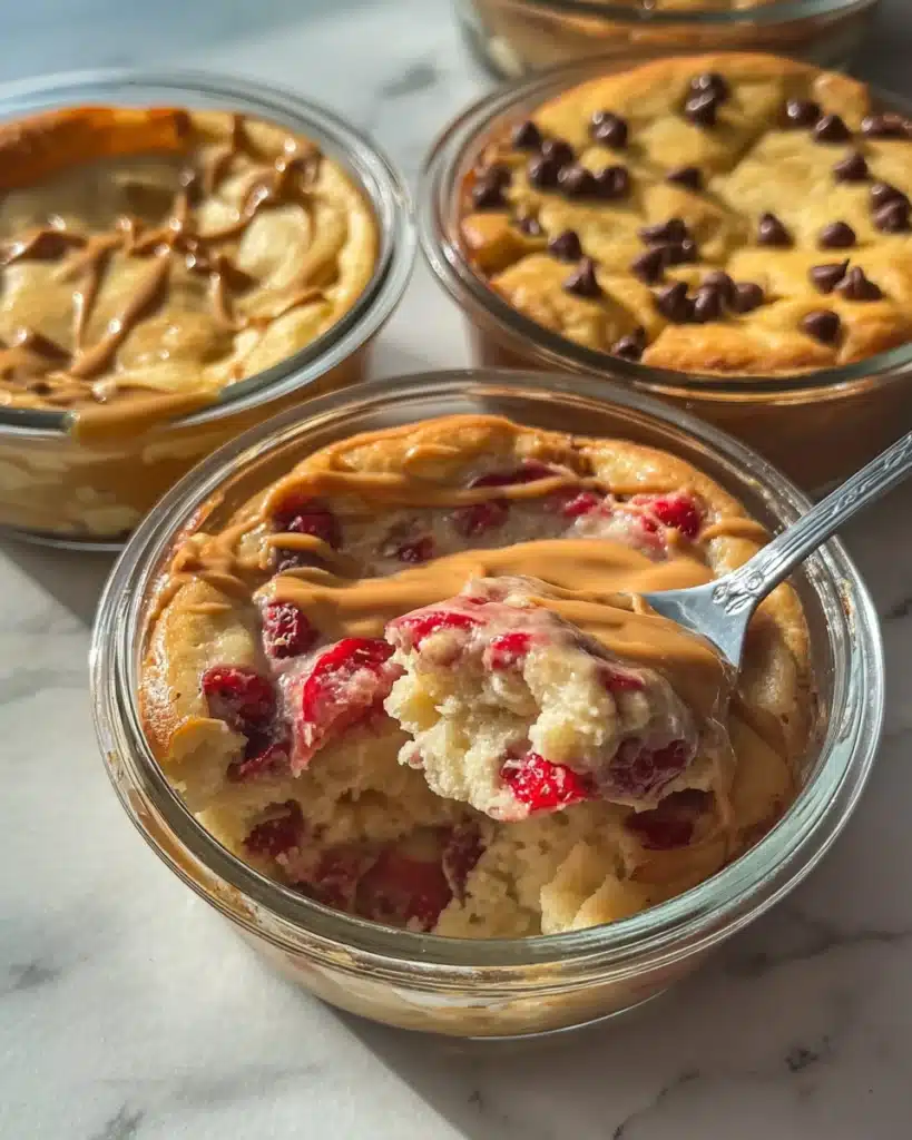 Spoon lifting baked protein pancake bowl with strawberries and peanut butter
