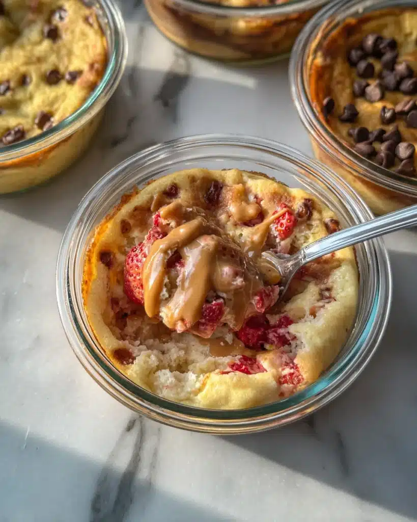 Spoon lifting baked protein pancake bowl with strawberries and peanut butter