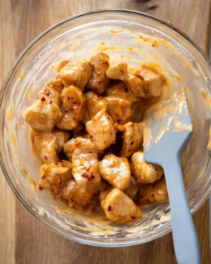 Cooked chicken coated in creamy Bang Bang sauce in a glass bowl