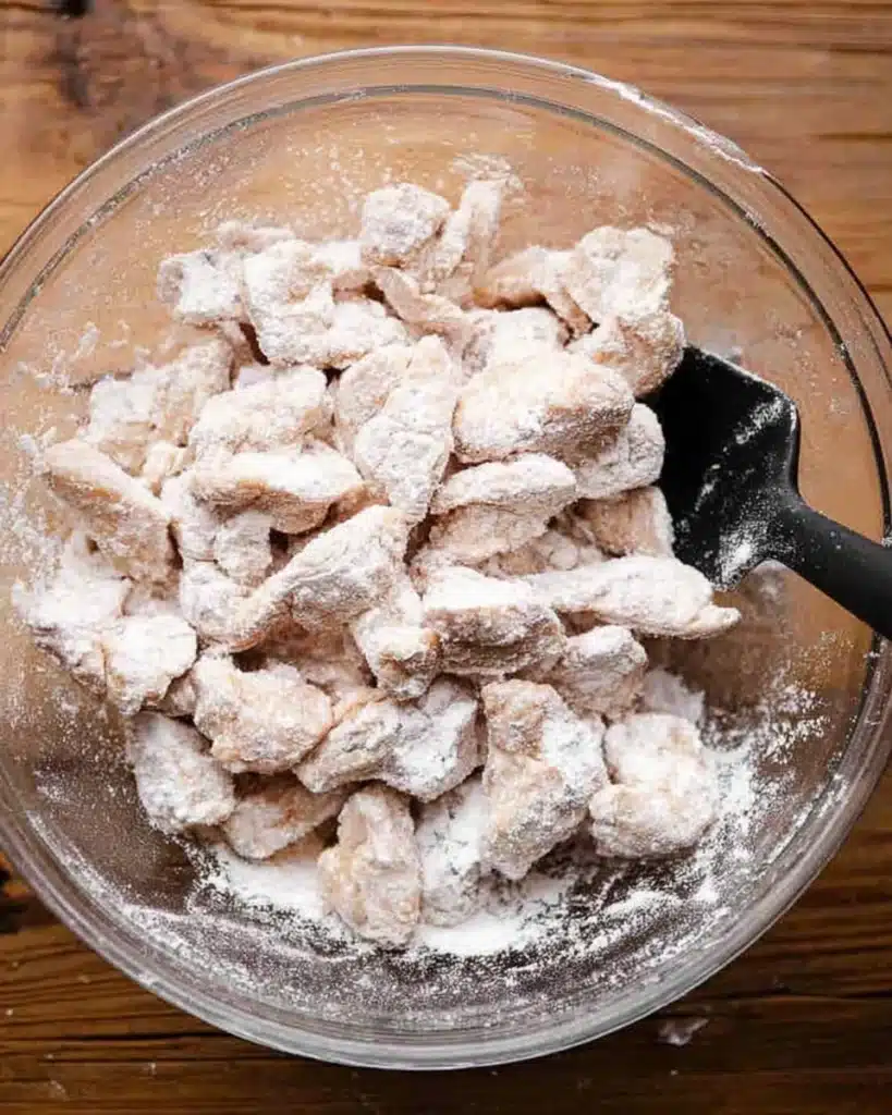 Flour-coated raw chicken pieces in a glass bowl for Bang Bang Chicken Bowl