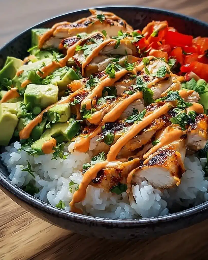 Bang Bang Chicken Bowl with grilled chicken, avocado, rice, and spicy sauce