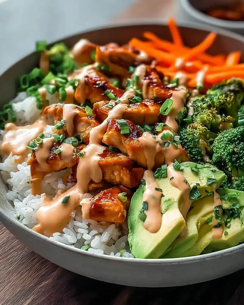 Bang Bang Chicken Bowl with rice, avocado, and creamy spicy sauce