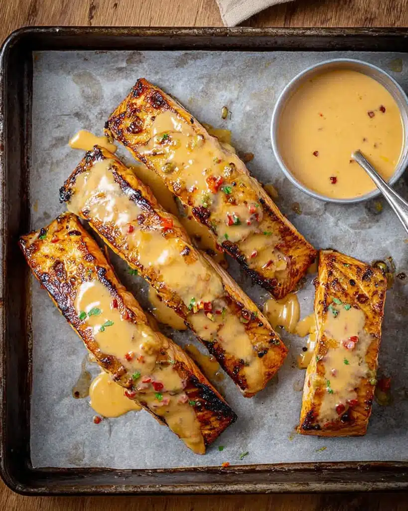 Bang Bang Salmon Recipe: Sweet, Spicy, and Ready Fast 3 Baked Bang Bang Salmon filets drizzled with creamy chili sauce on tray
