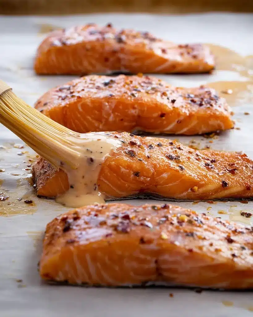 Bang Bang Salmon Recipe: Sweet, Spicy, and Ready Fast 2 Brushing creamy sauce on seasoned Bang Bang Salmon filets