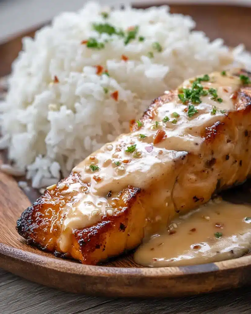 Bang Bang Salmon Recipe: Sweet, Spicy, and Ready Fast 1 Glazed Bang Bang Salmon with creamy sauce and rice on a rustic plate