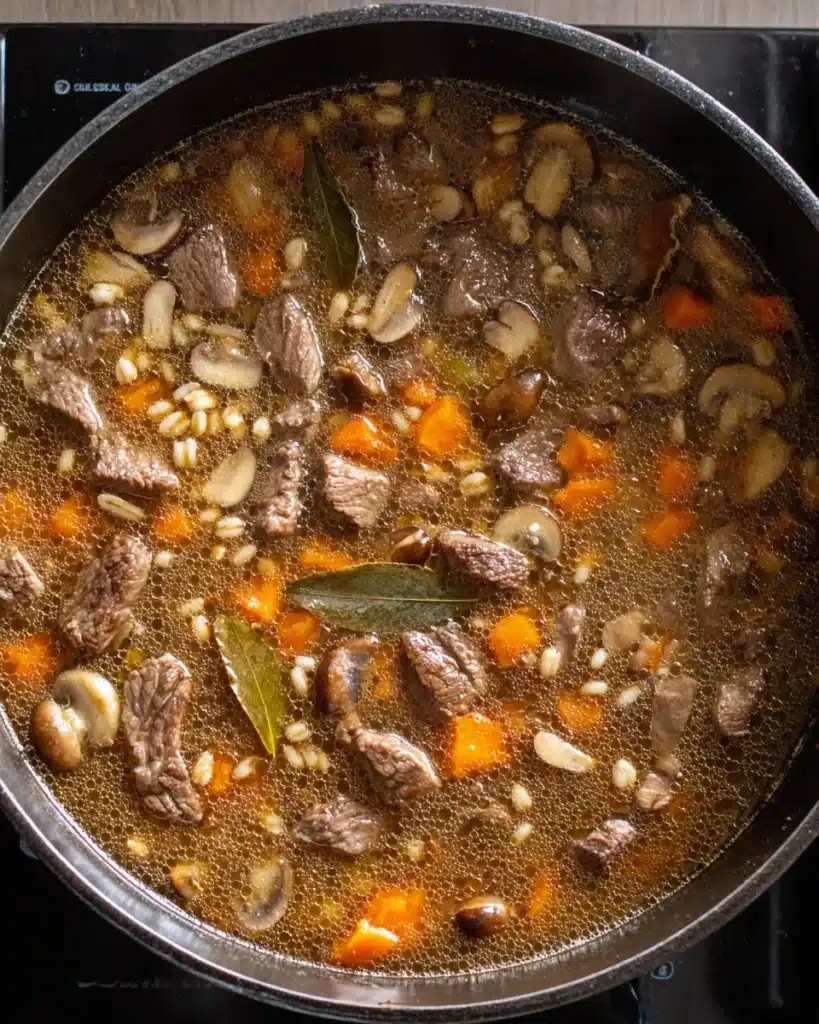 Beef Barley Soup Recipe (Hearty, Comforting & Easy to Make) 4 Simmering beef barley soup with beef, carrots, mushrooms, and bay leaves in pot