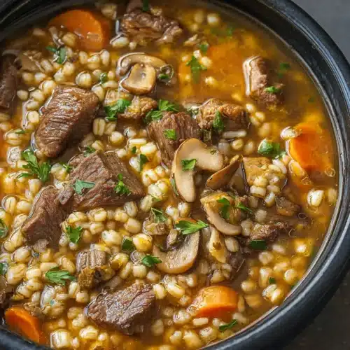 Beef Barley Soup Recipe (Hearty, Comforting & Easy to Make) 7 Beef barley soup with tender beef, mushrooms, carrots, and barley in a rich broth