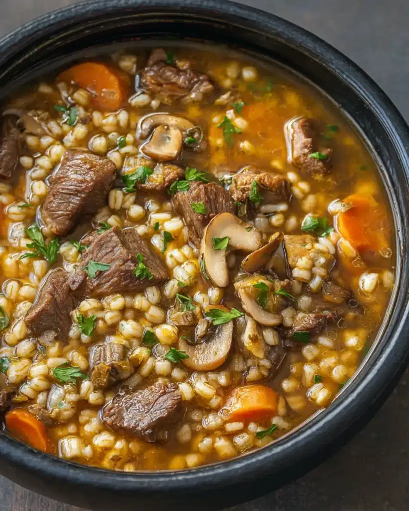 Beef Barley Soup Recipe (Hearty, Comforting & Easy to Make) 1 Beef barley soup with tender beef, mushrooms, carrots, and barley in a rich broth