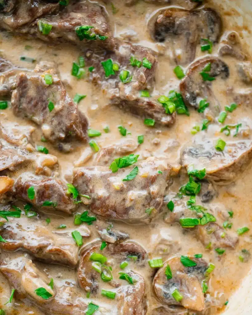 Beef Stroganoff Recipe 5 Close-up of creamy beef stroganoff with mushrooms and tender beef slices