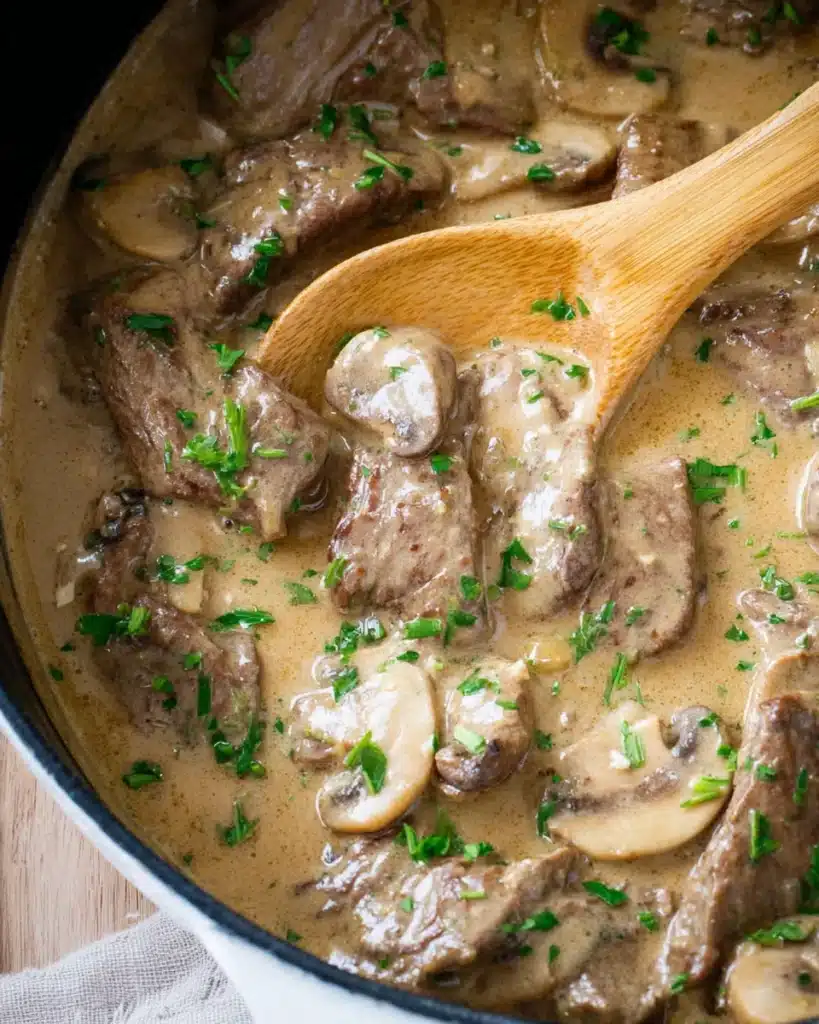Beef Stroganoff Recipe 4 Close-up creamy beef stroganoff with mushrooms and tender beef in sauce