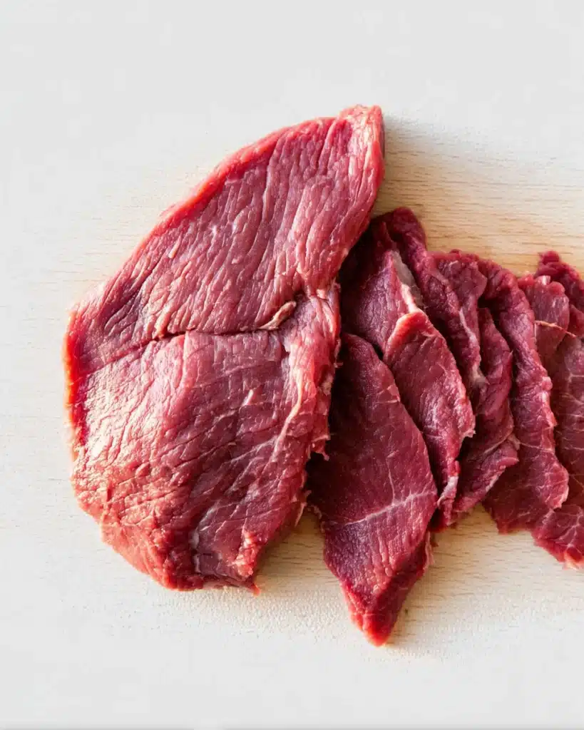 Beef Stroganoff Recipe 3 Thinly sliced raw beef sirloin on a cutting board for stroganoff