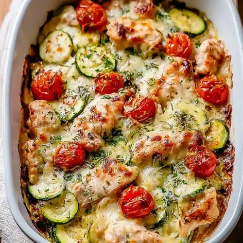 Mediterranean chicken zucchini bake with cheese, tomatoes, and zucchini in white baking dish