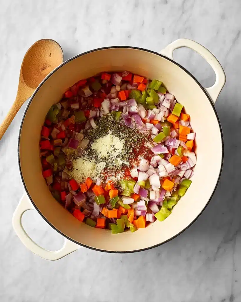 Black Bean Soup 3 Colorful sautéed vegetables and spices in a white Dutch oven for black bean soup