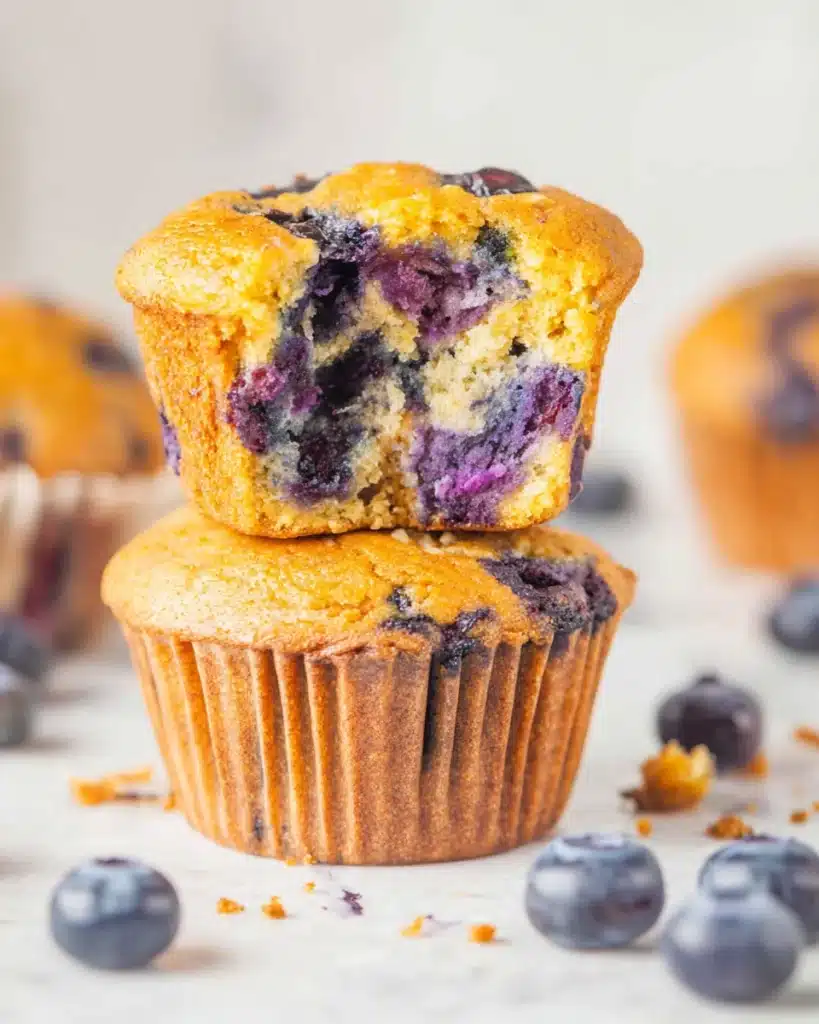 Stacked blueberry cottage cheese muffins with a bite showing juicy berries inside