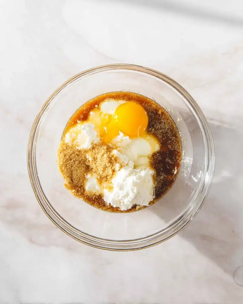Glass bowl with eggs, coconut sugar, and cottage cheese for muffin batter