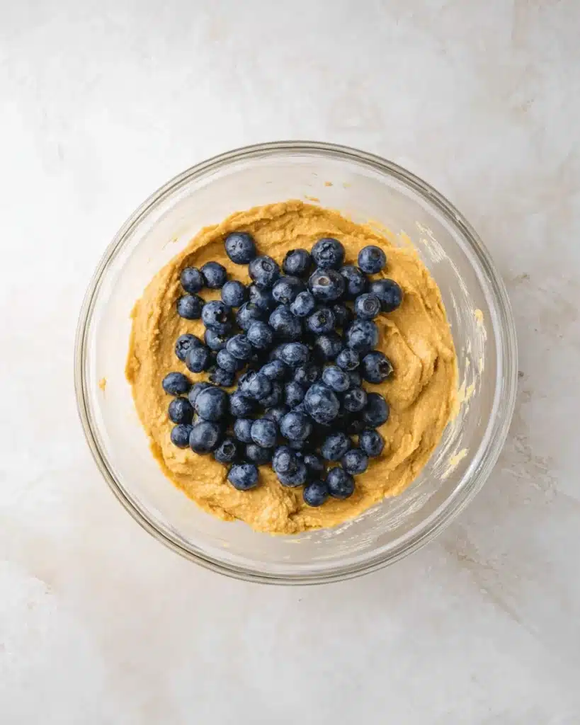 Glass bowl with blueberry cottage cheese muffin batter on light surface