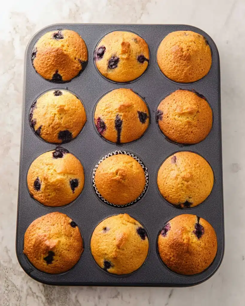 Freshly baked blueberry cottage cheese muffins in muffin tin on light surface