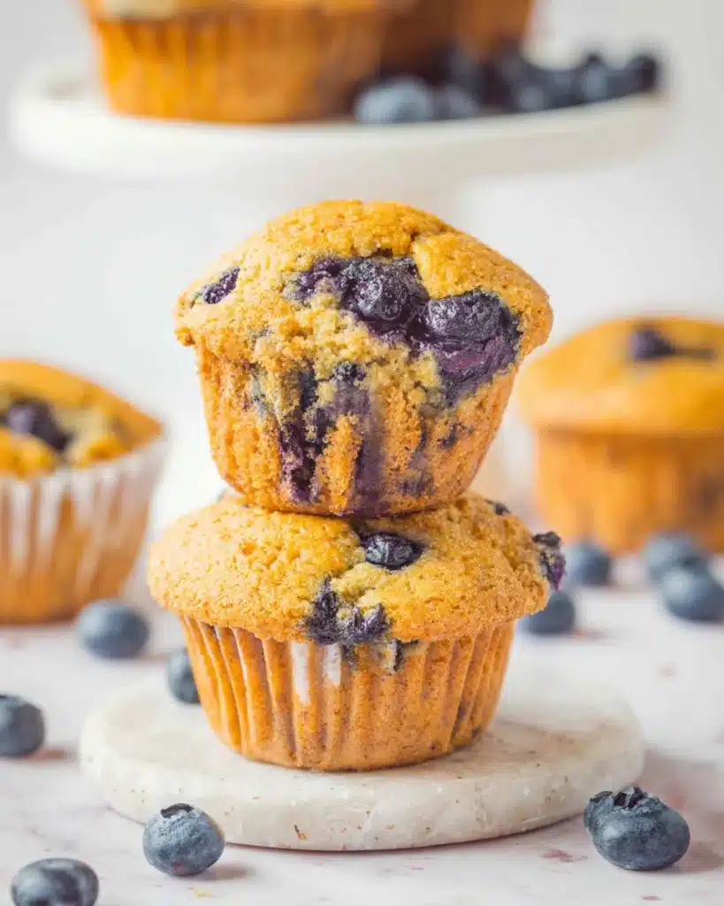 Blueberry cottage cheese muffins stacked on white surface with a bite showing juicy berries