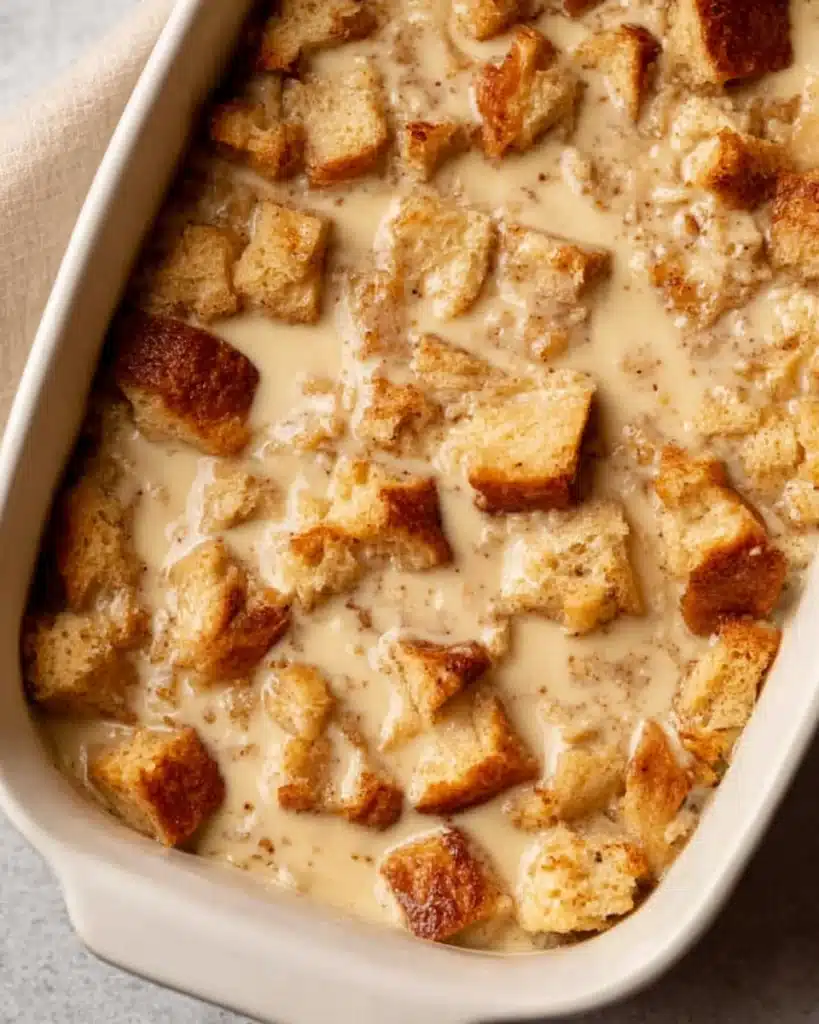 Bread Pudding with Vanilla Sauce 5 Unbaked bread pudding mixture in white baking dish