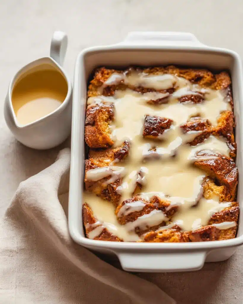 Bread Pudding with Vanilla Sauce 2 Bread pudding with vanilla sauce in a white baking dish