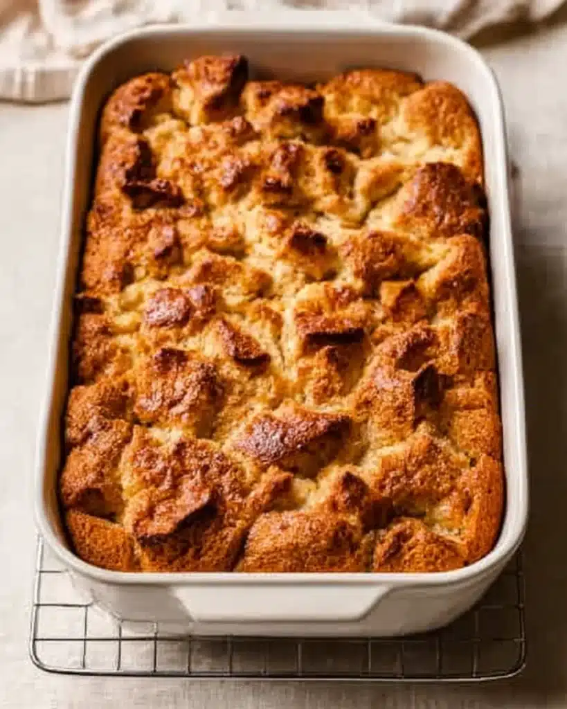 Bread Pudding with Vanilla Sauce 6 Golden baked bread pudding in a white dish on a cooling rack