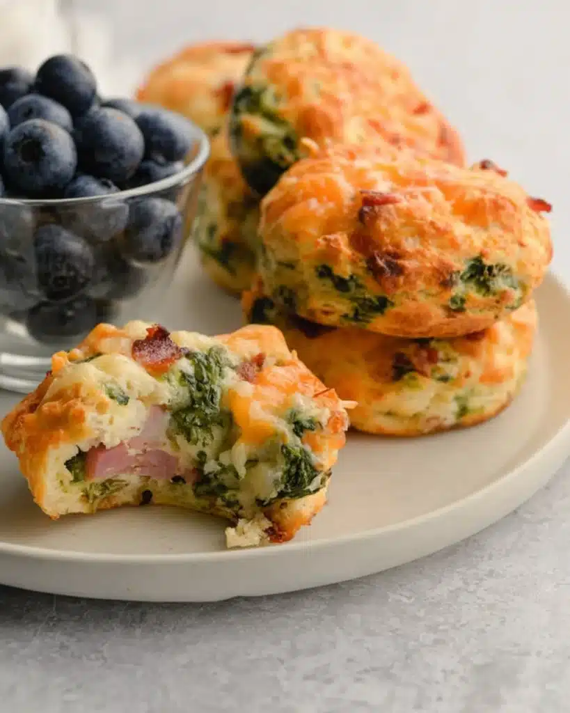 Breakfast protein biscuits served with blueberries on white plate