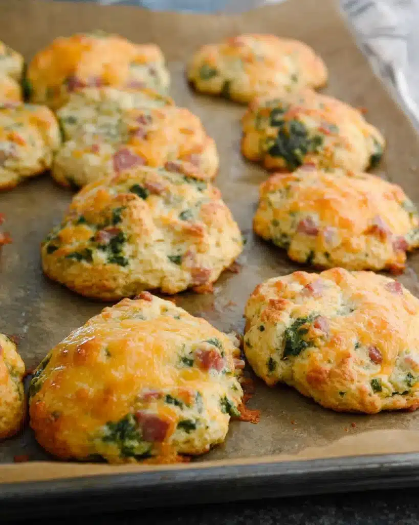 Golden baked breakfast protein biscuits with ham, spinach, and melted cheese
