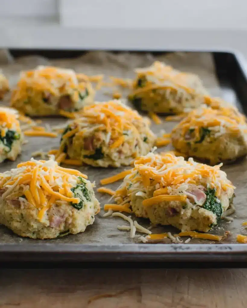 Unbaked breakfast protein biscuits topped with cheese on baking tray