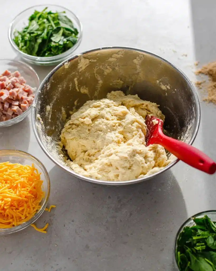 Mixing dough and add-ins for breakfast protein biscuits in metal bowl