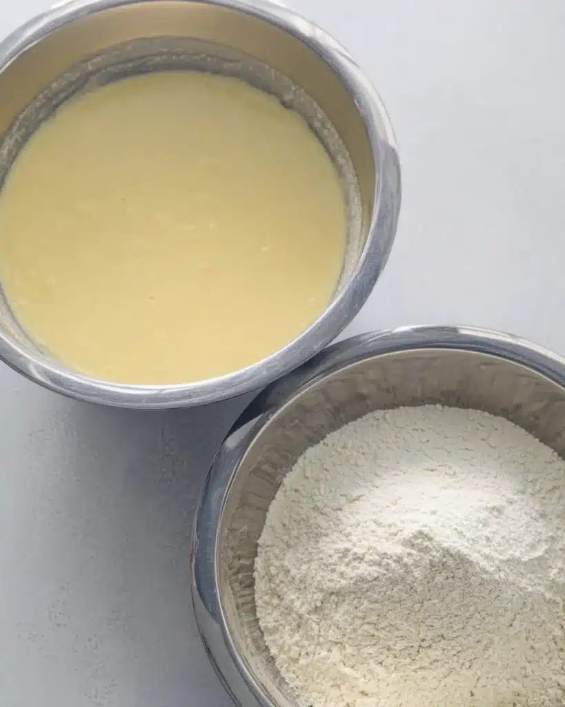 Mixing wet and dry ingredients for breakfast protein biscuits