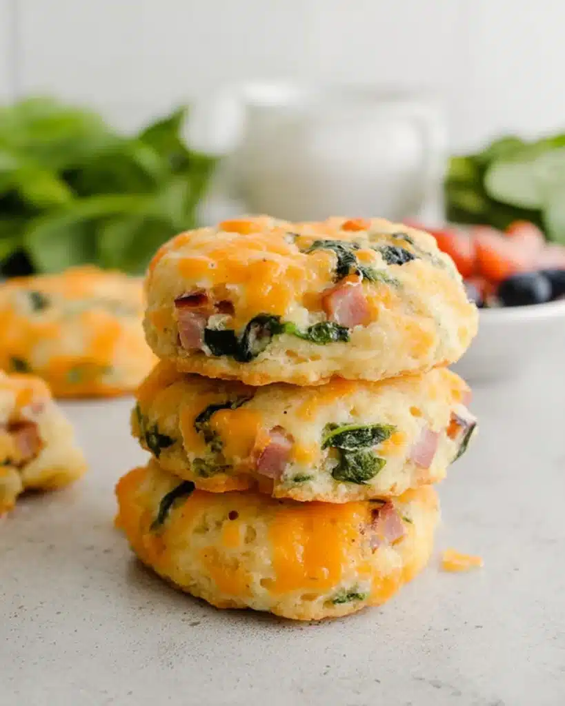 Stack of breakfast protein biscuits with ham, spinach, and melted cheese