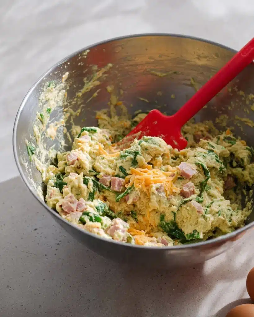 Biscuit dough mixed with ham, spinach, and cheese for breakfast protein biscuits