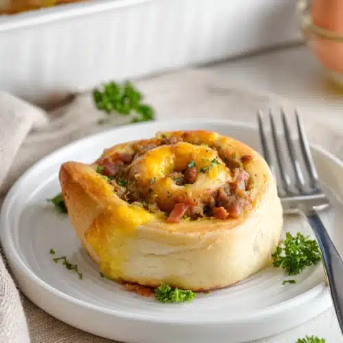 Breakfast Rolls 13 Cheesy breakfast roll with sausage and eggs on a white plate