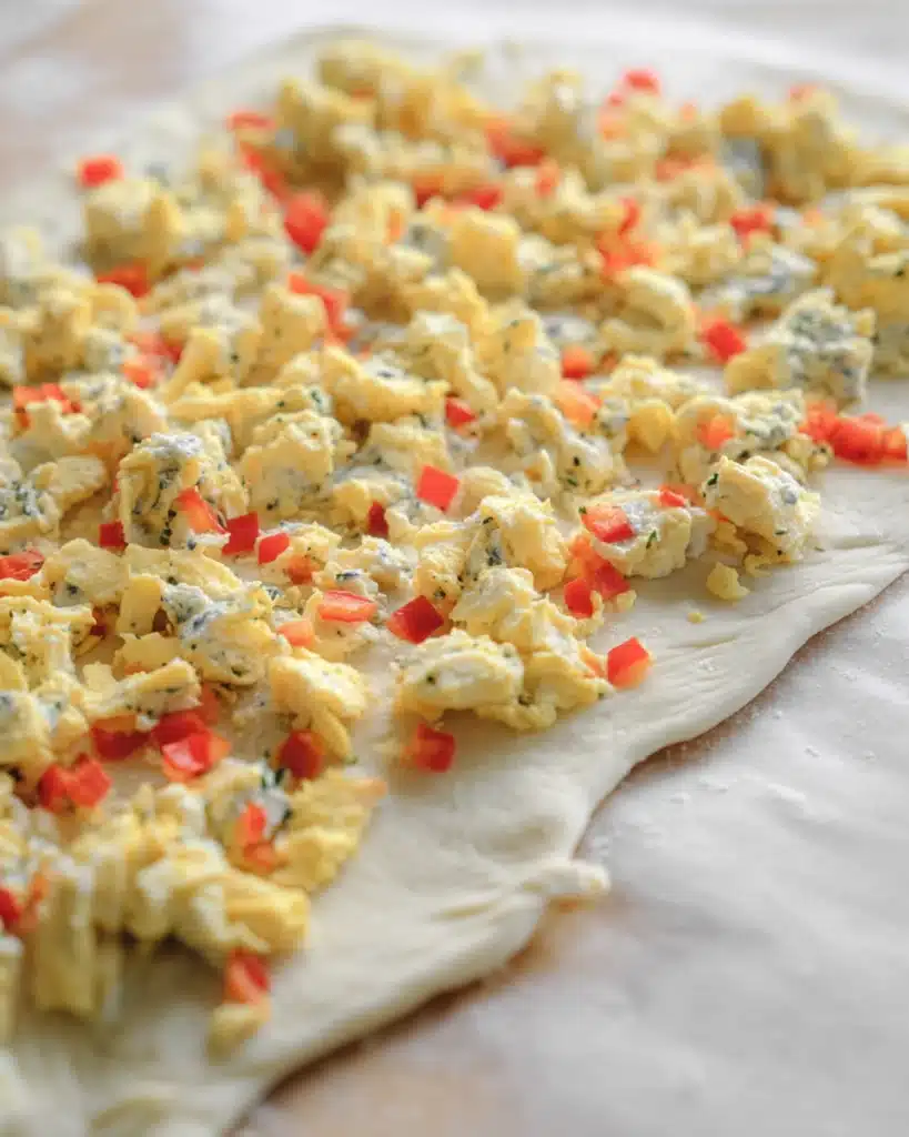 Breakfast Rolls 5 Scrambled eggs and peppers on cream cheese spread for breakfast rolls