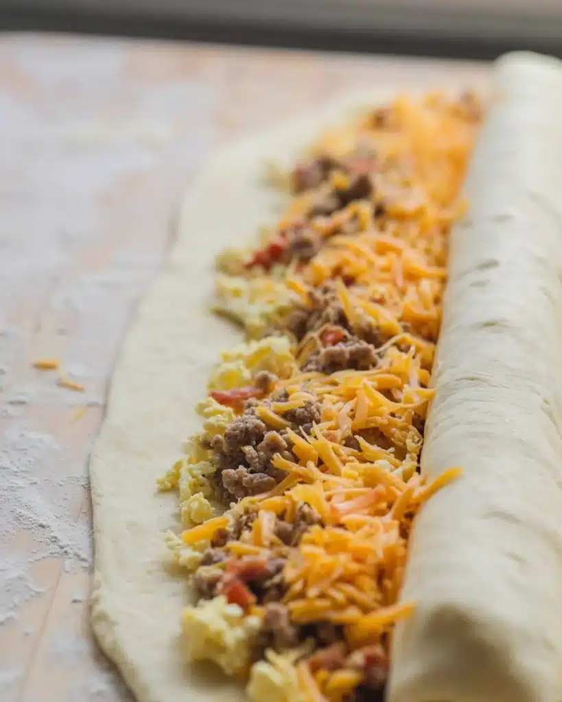 Breakfast Rolls 7 Breakfast roll dough filled with eggs, sausage, and cheese being rolled
