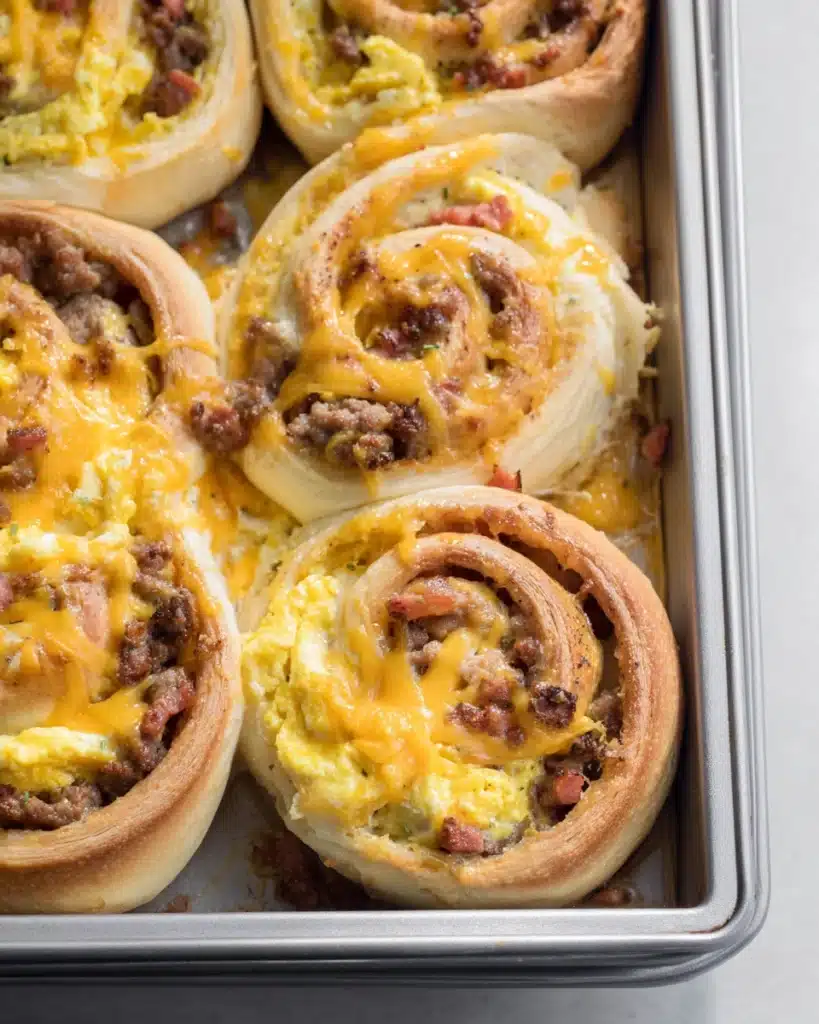 Breakfast Rolls 9 Freshly baked breakfast rolls with eggs, sausage, and cheese in a pan