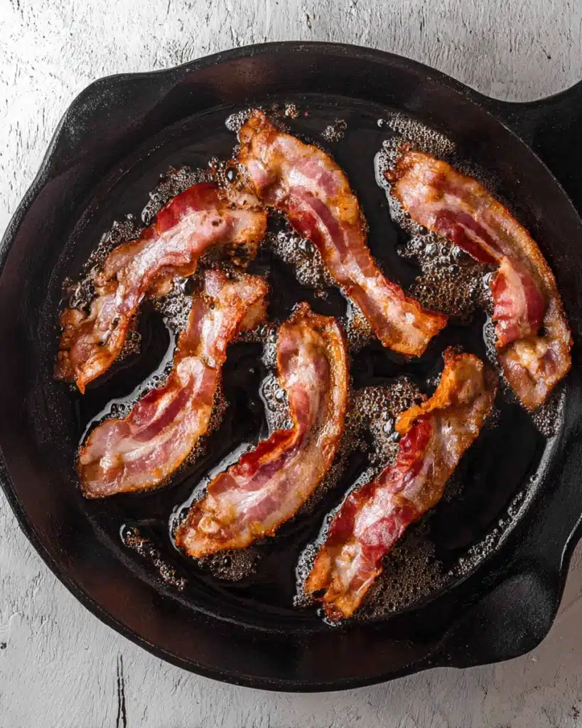 Breakfast Sandwiches: Easy, Freezer-Friendly Morning Meal 4 crispy bacon sizzling in cast iron skillet for breakfast sandwiches