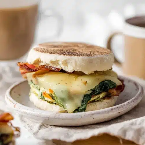 Breakfast Sandwiches: Easy, Freezer-Friendly Morning Meal 7 breakfast sandwich with egg spinach bacon and melted cheese on English muffin