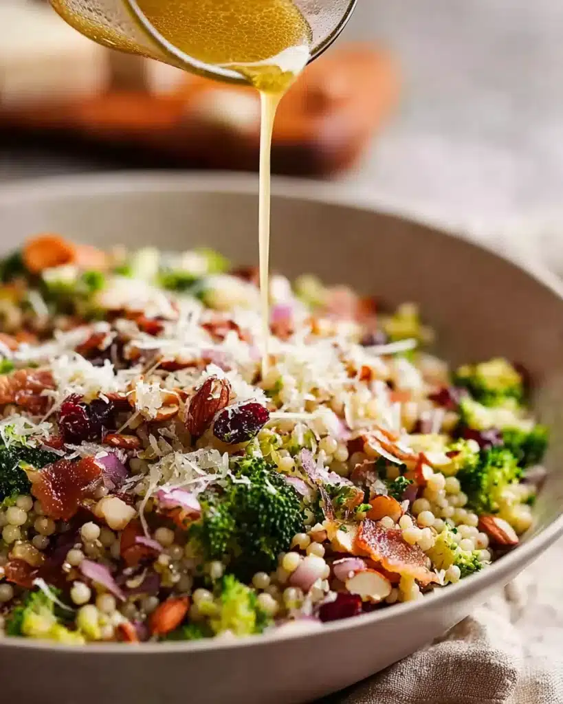 Broccoli Pearl Crunch Salad 6 Pouring vinaigrette over Broccoli Pearl Crunch Salad with couscous and almonds