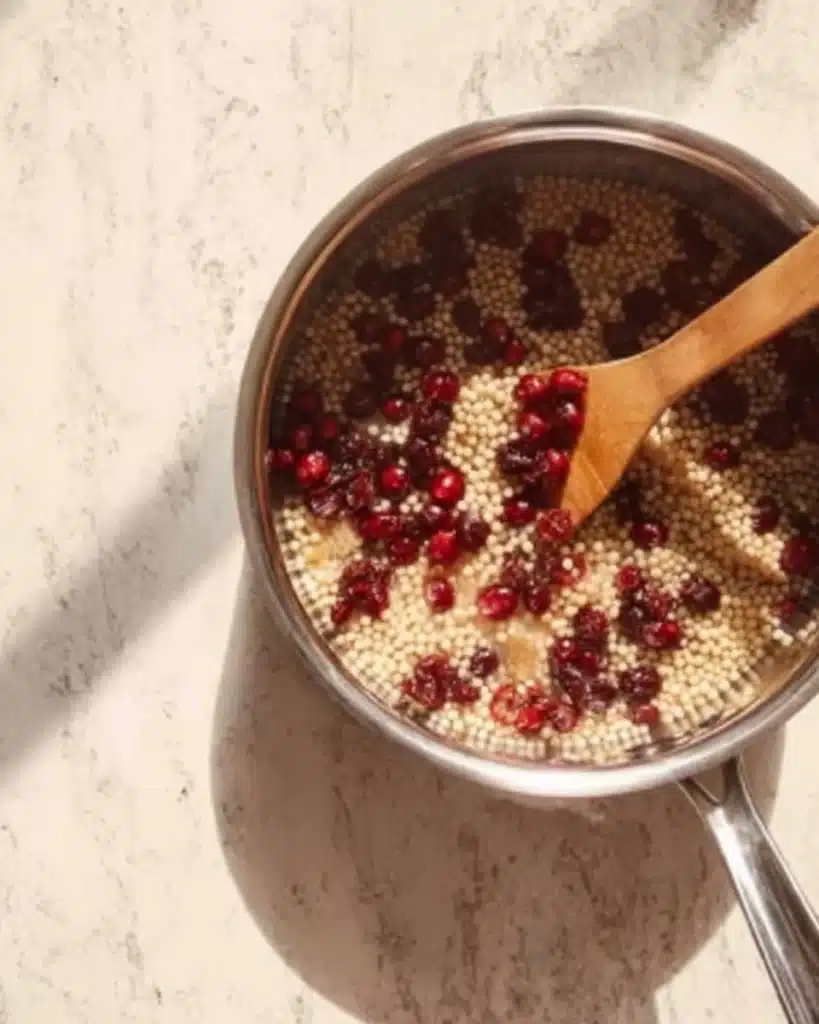 Broccoli Pearl Crunch Salad 3 Mixing cooked pearl couscous and cranberries in a stainless steel pot