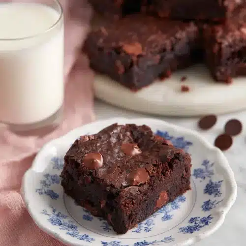 Brownie Recipe (Best Fudgy & Chewy Brownies Ever) 9 Fudgy chocolate brownie on blue floral plate with milk glass