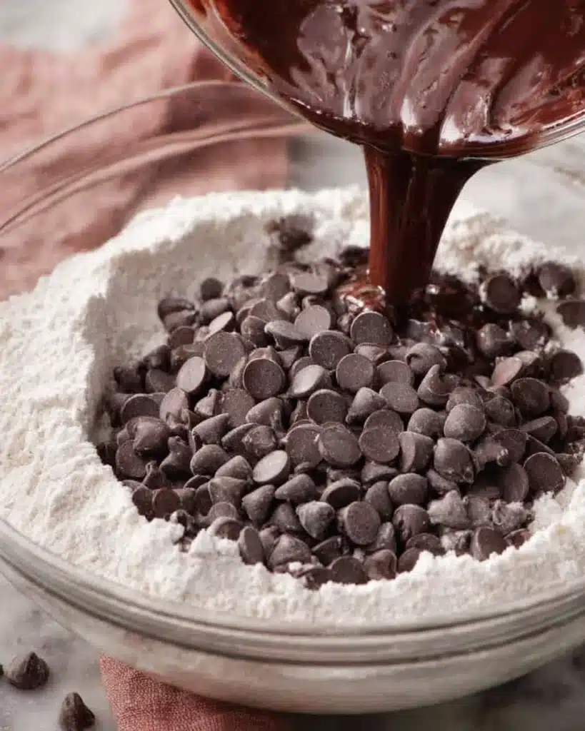 Brownie Recipe (Best Fudgy & Chewy Brownies Ever) 4 Pouring chocolate chips into brownie batter with flour