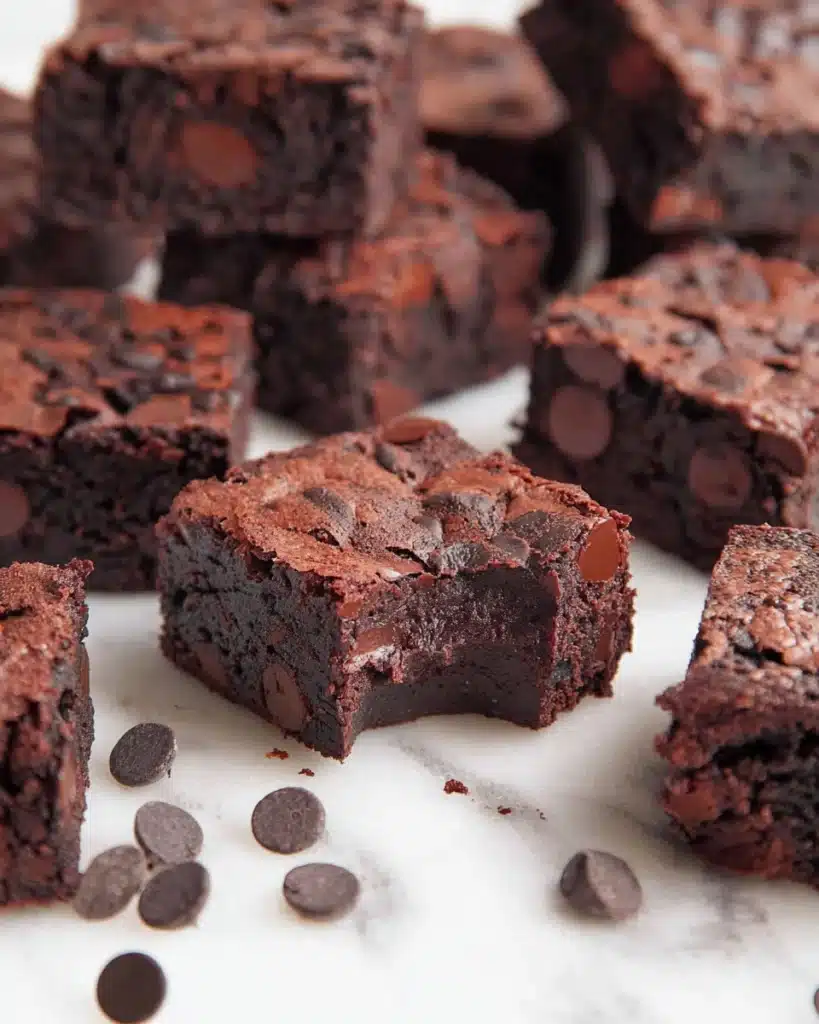 Brownie Recipe (Best Fudgy & Chewy Brownies Ever) 8 Stacked fudgy brownies with glossy tops and chocolate chips